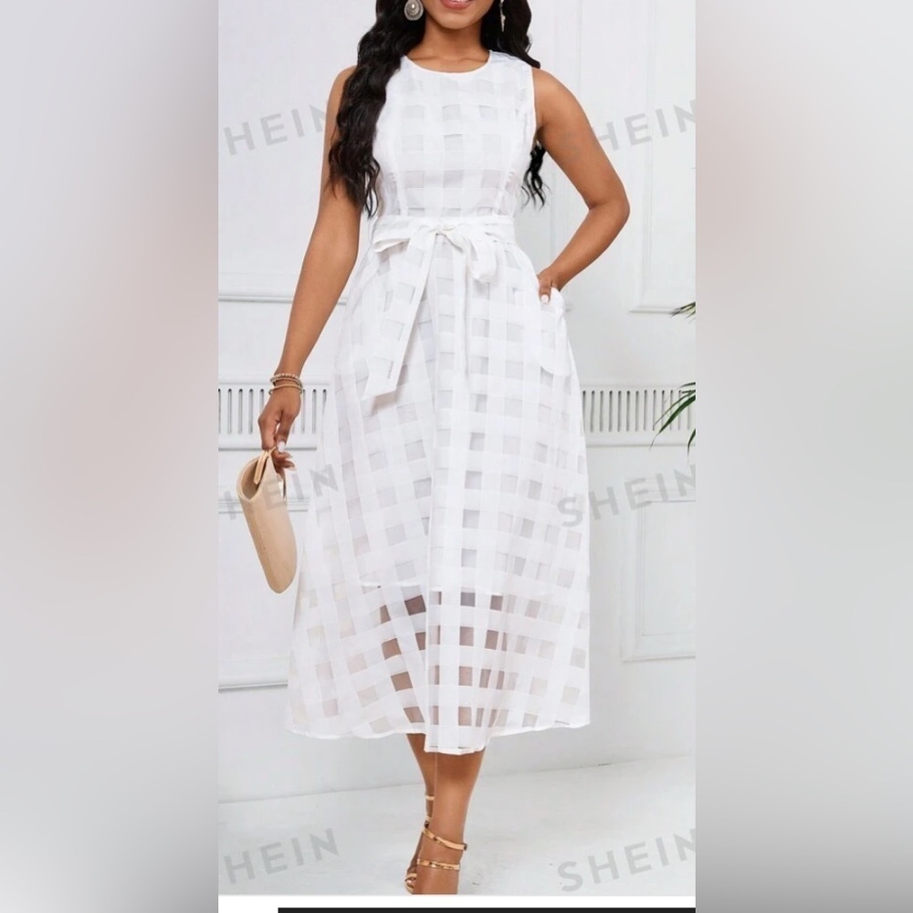 SHEIN Lady Women's Sleeveless Round Neck Pocket Shift Dress L white